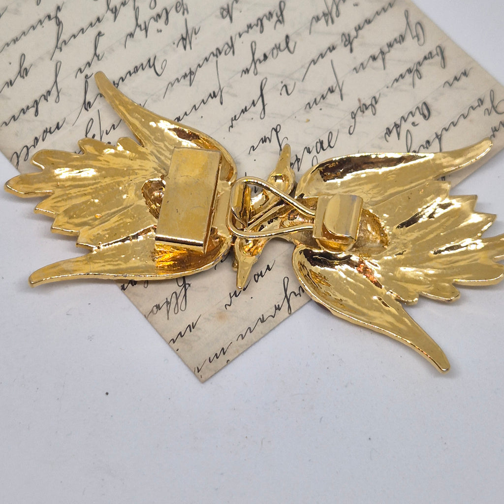 Vintage Gürtelschnalle 2-Teilig Trachtenschnalle Taillengürtel aus den 80ern-Handmade aus Berlin gold braun weiß Schwan Kranich Vogel