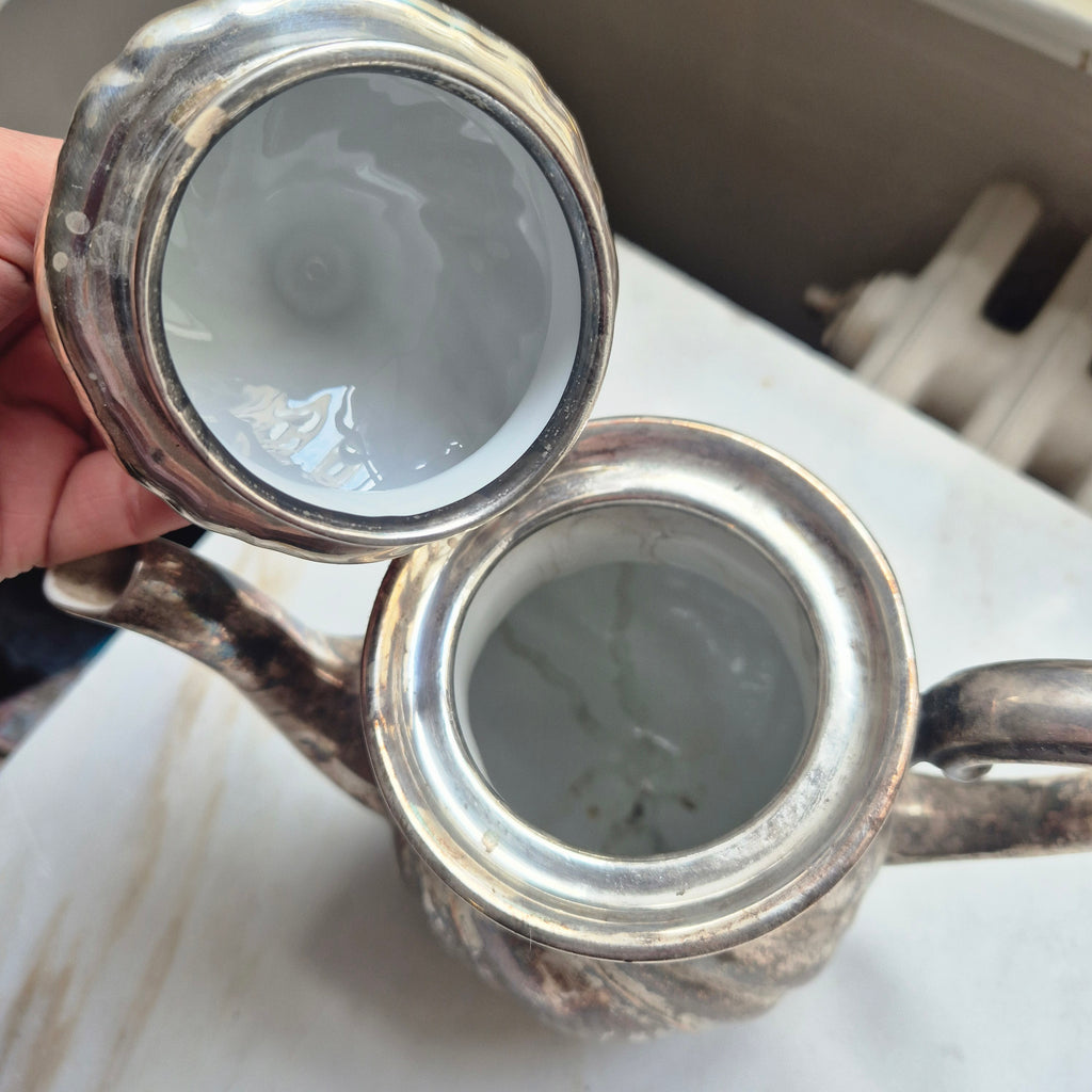 Antikes versilbertes WMF Porzellan Services Silber Kanne Zuckerdose und Milchkännchen Tee Kaffee