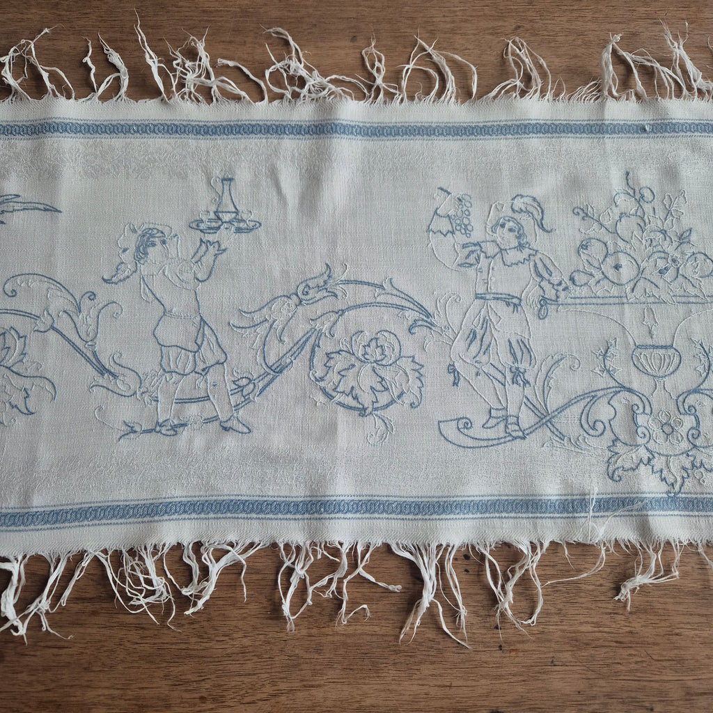 Antiker Baumwolle Tischläufer handbestickt mit mini Fleck! 32x170cm blau weiß