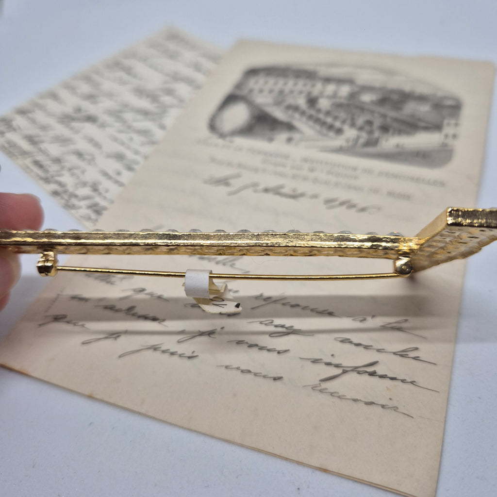 50er Jahre große Antik Brosche Werkzeug Modeschmuck Gold Strasssteine Hammer Handwerker