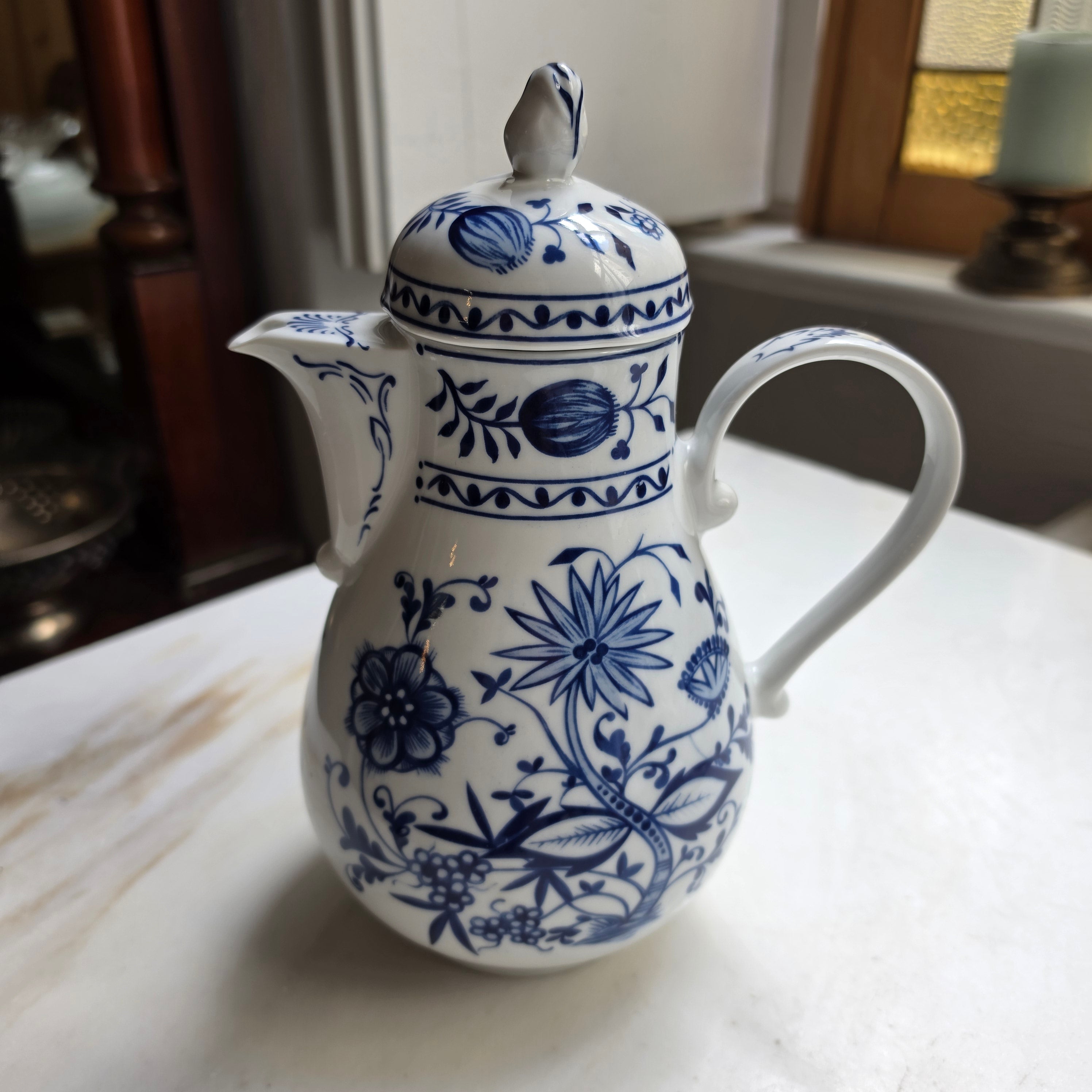 Kahla Zwiebelmuster Kaffeekanne Kanne Tee Vintage blau weiß