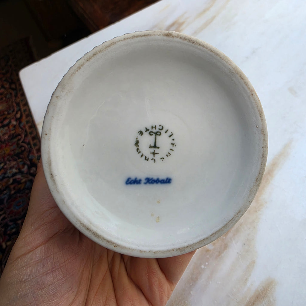 Alte Porzellan Deckeldose Echt Kobalt Fine China Lichte Schiffsmotiv Mühle Hafen