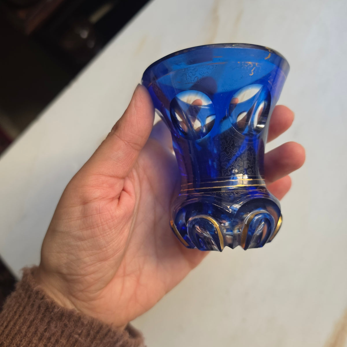 Vintage Böhmisches Kristallglas – Kobaltblau mit Goldverziehrung & Linsenschliff
