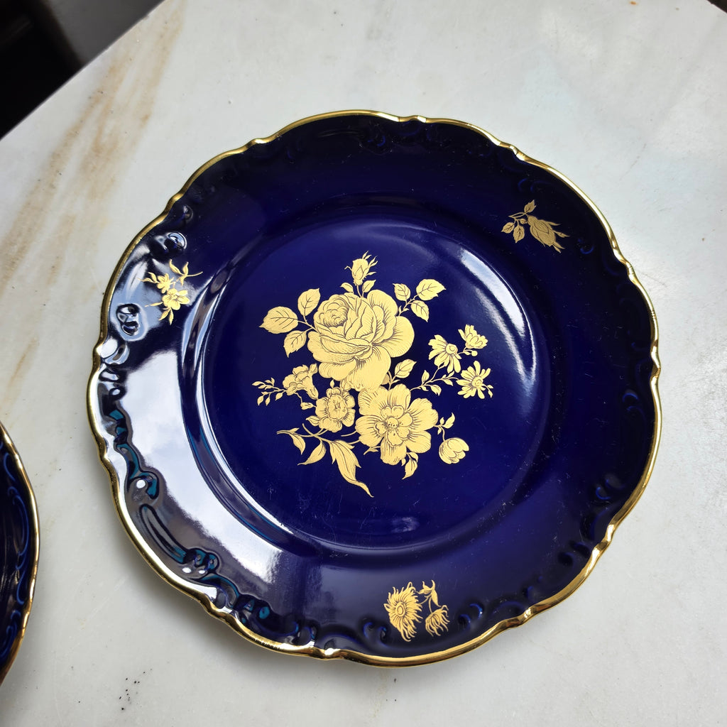 Vintage Mitterteich Bavaria Porzellan Sammelgedeck – Kobaltblau mit Golddekor (3-teilig)