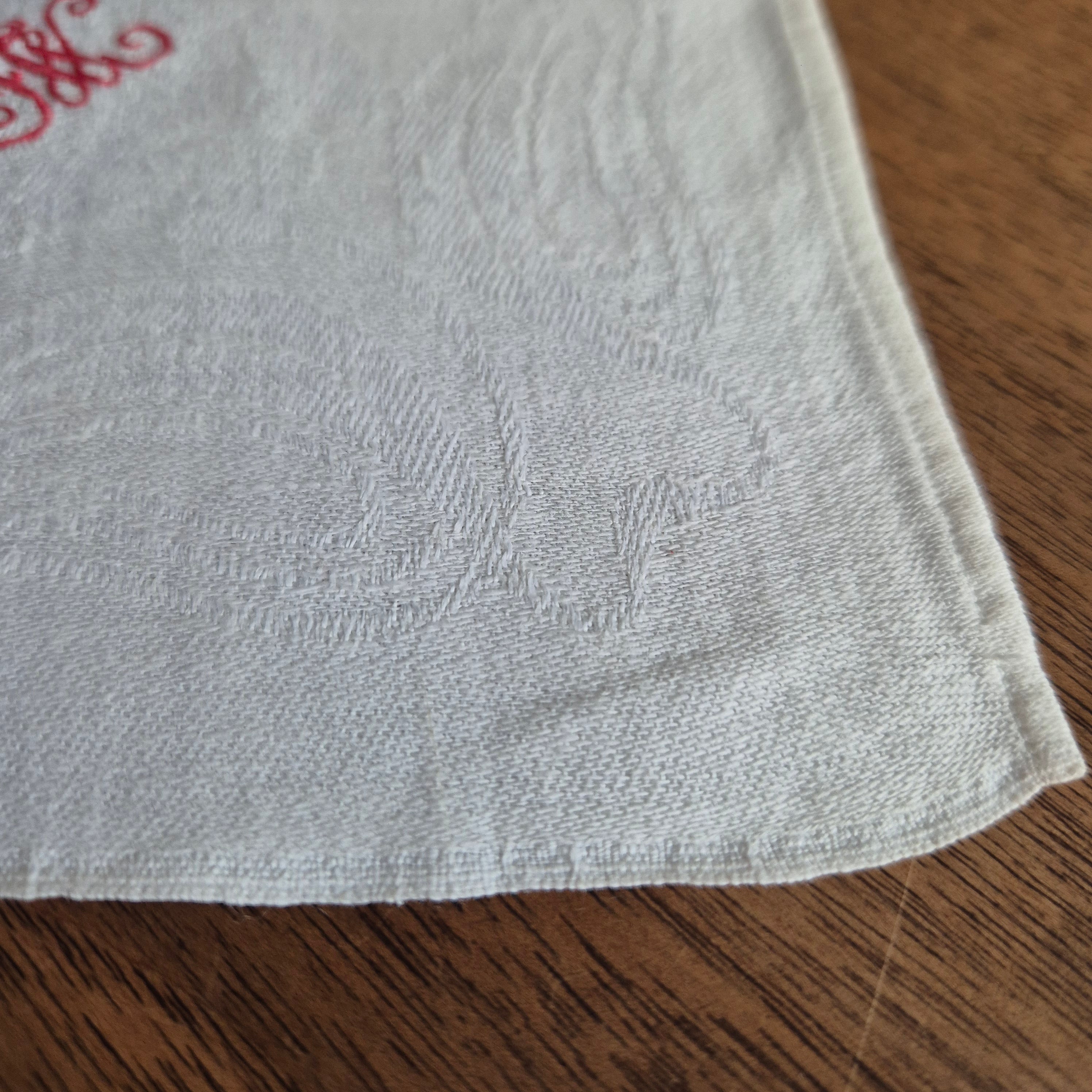 Antike Jugendstil Serviette Damast Baumwolle Monogramm F.W. weiß