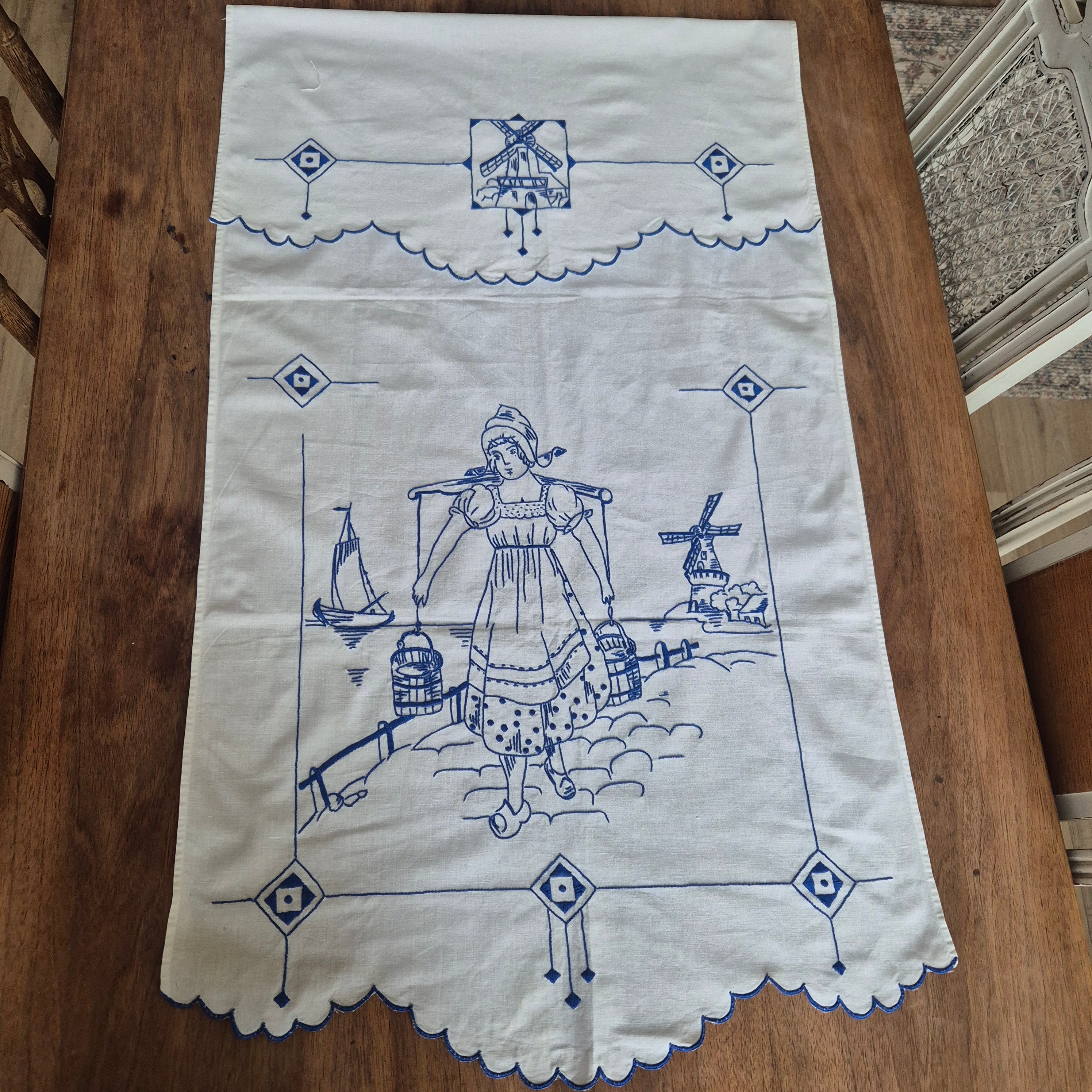 Vintage Überhandtuch blau weiß Mühlen Holland Handmade 60x134cm