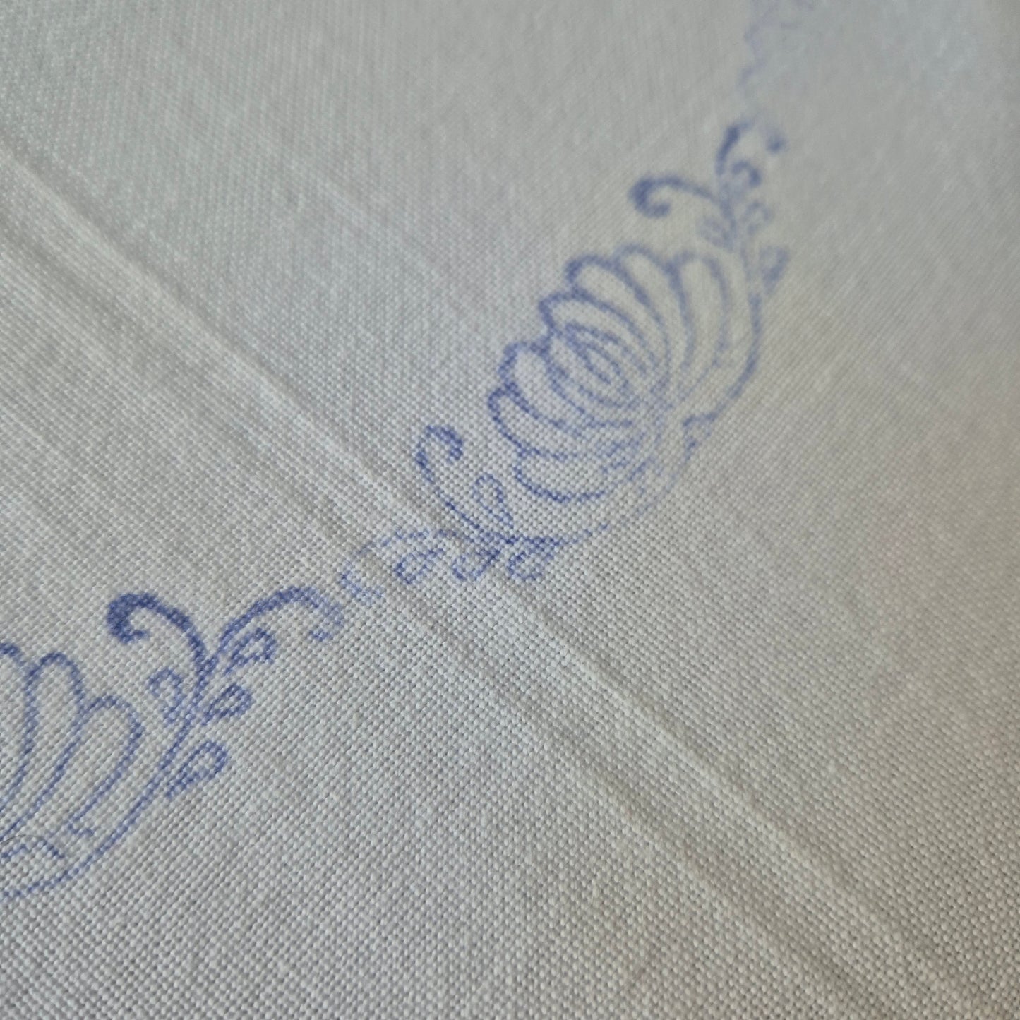 Vintage Baumwolle Tischdecke weiß blau bedruckt Stempel 96x97cm