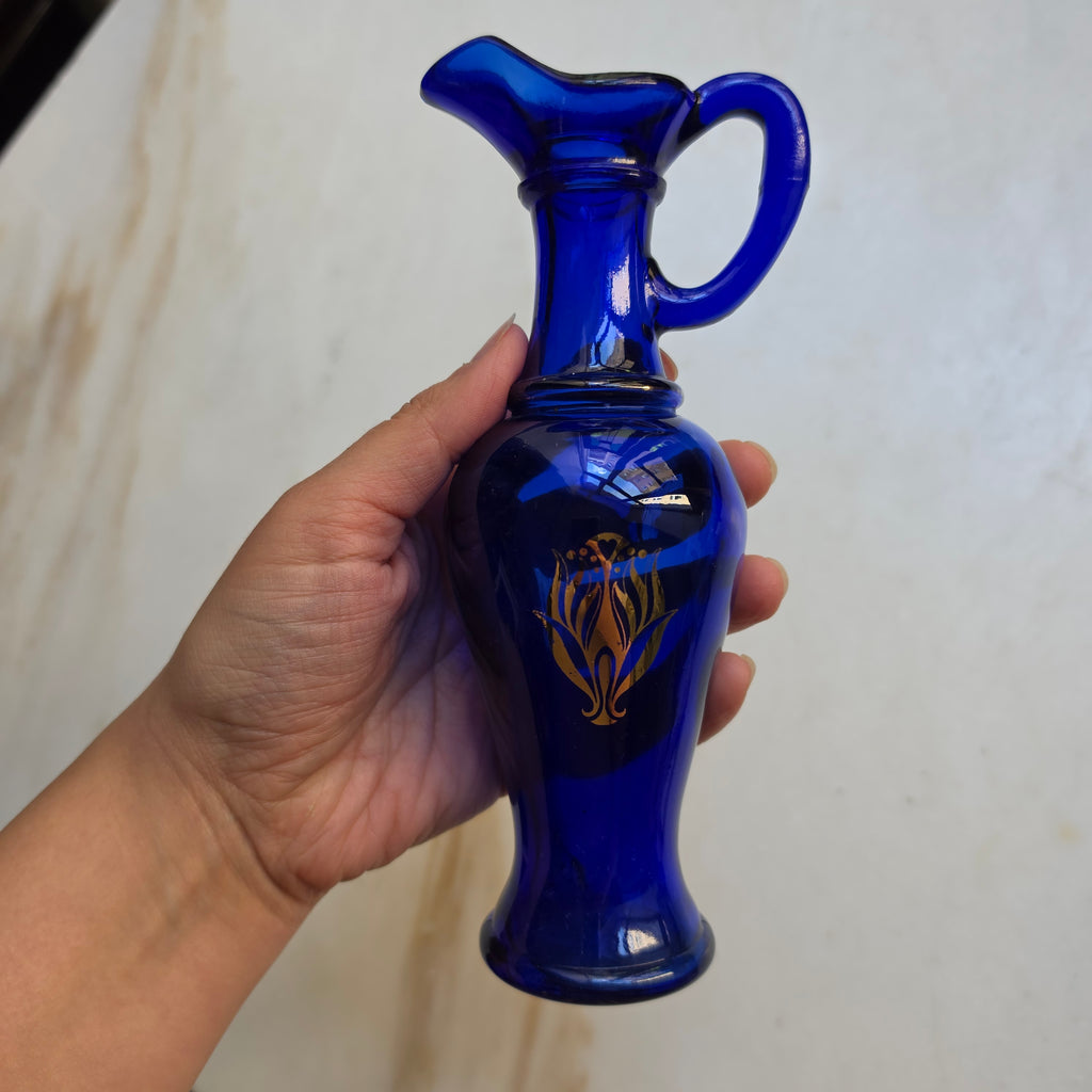 Blaue Glas Vase klein Pressglas gold