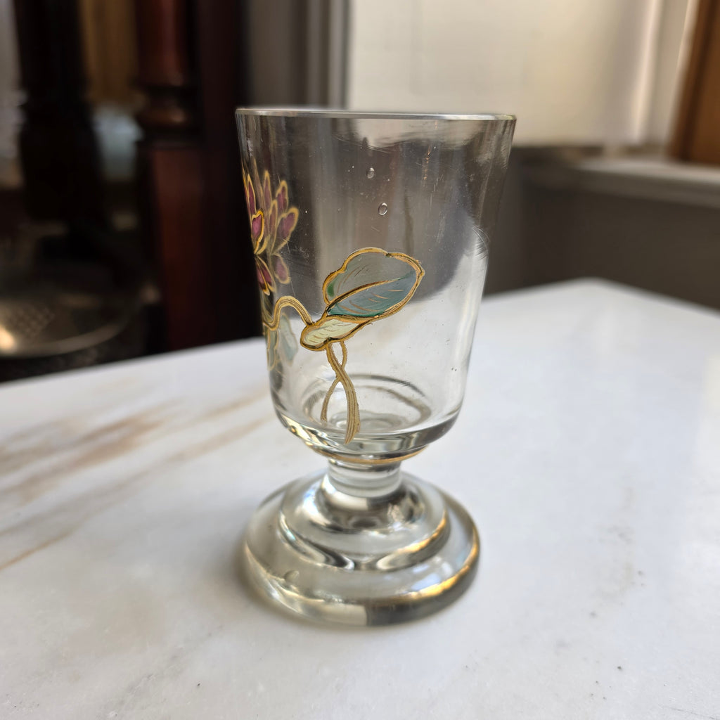 Antikes Jugendstil Likörglas / Schnapsglas – Handgemalt mit Emaille-Dekor & Goldstaffage - um 1900