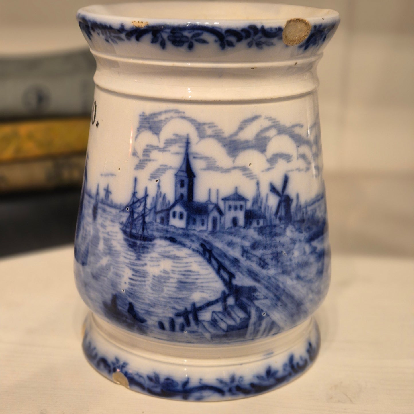 Antike H.H & Cie Delft Vorratsdose ohne Deckel blau weiß 120Jahre alt Kochlöffelhalter Aufschrift "Sago."