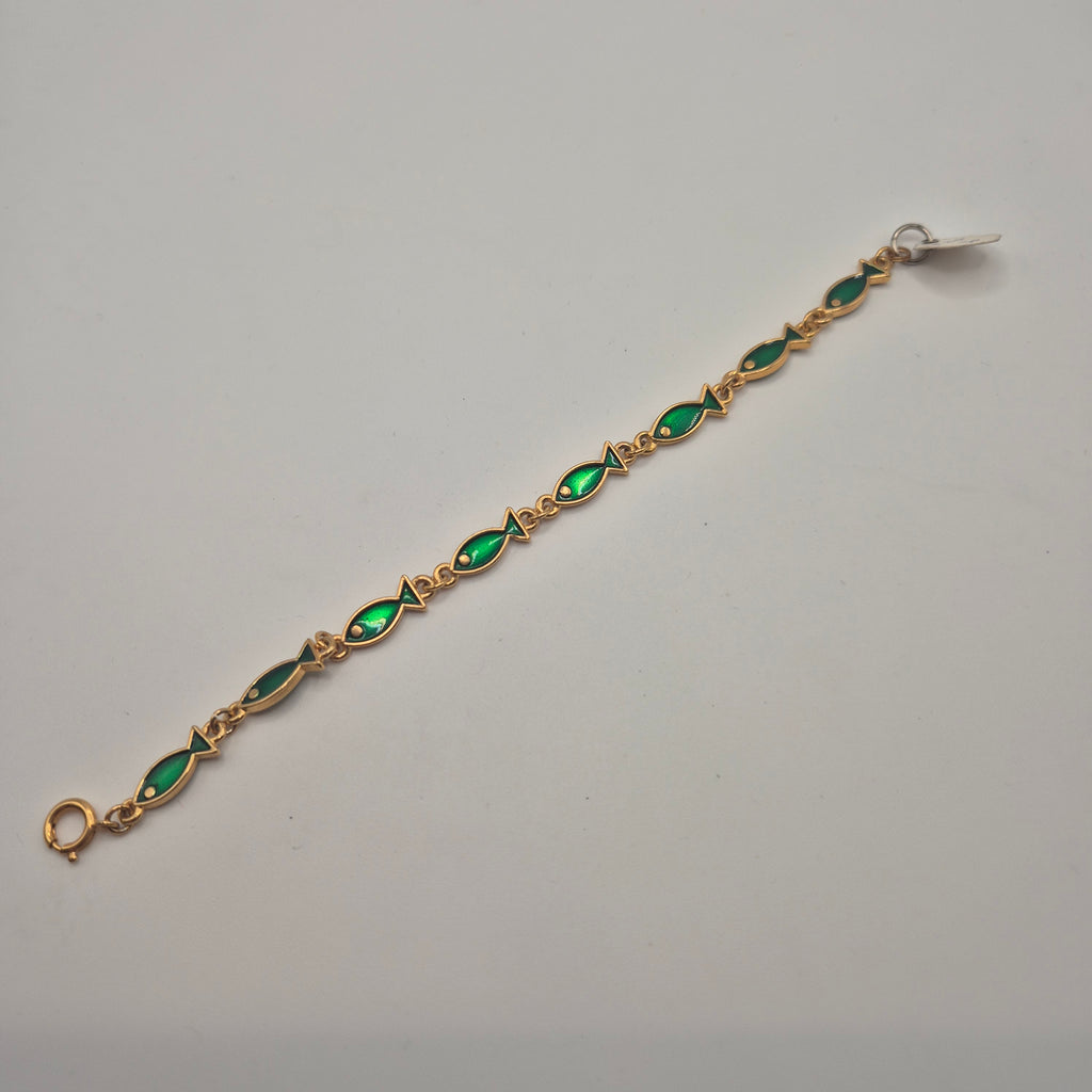 Goldenes Vintage Armband mit grünen Emaille-Fischen 70er Jahre