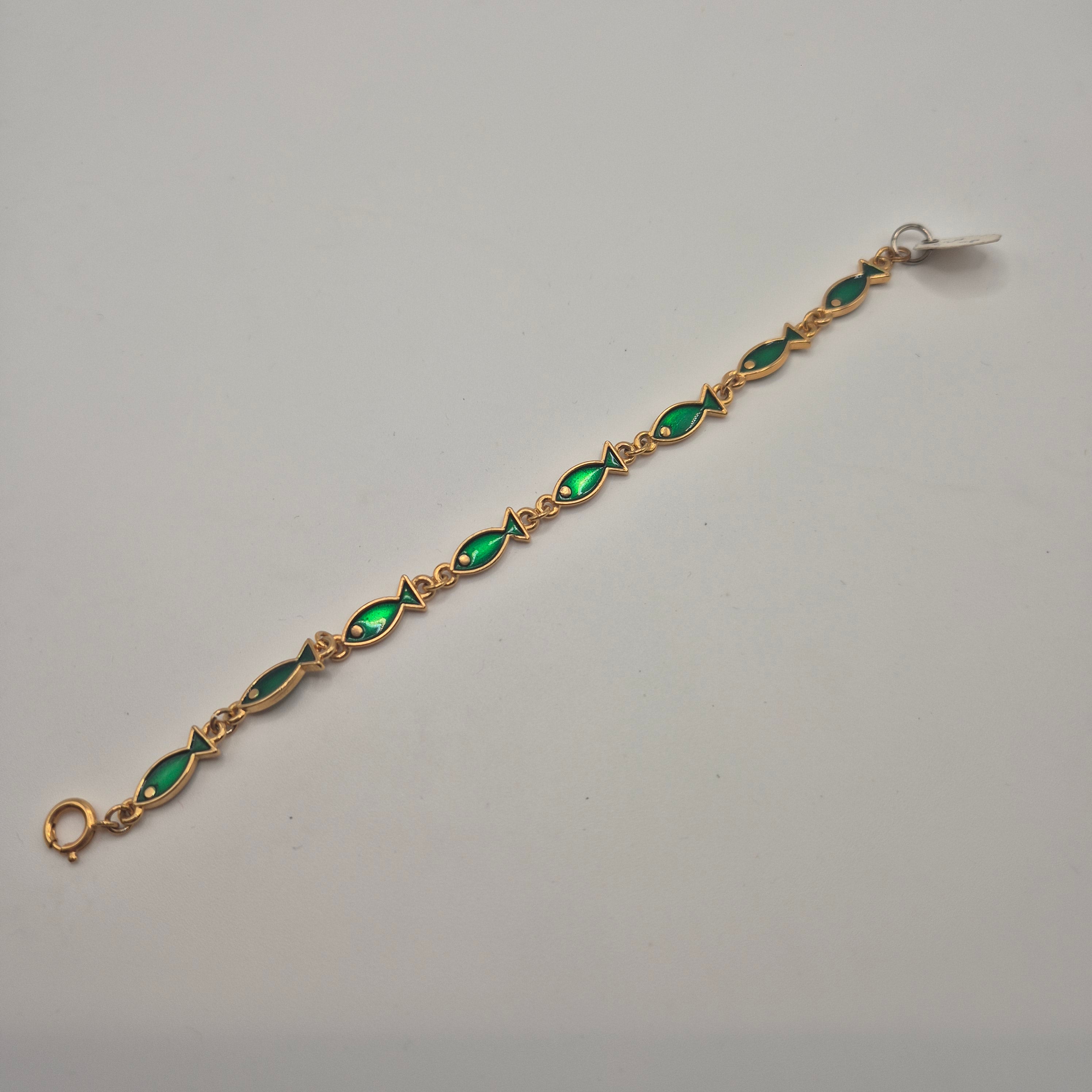 Goldenes Vintage Armband mit grünen Emaille-Fischen 70er Jahre