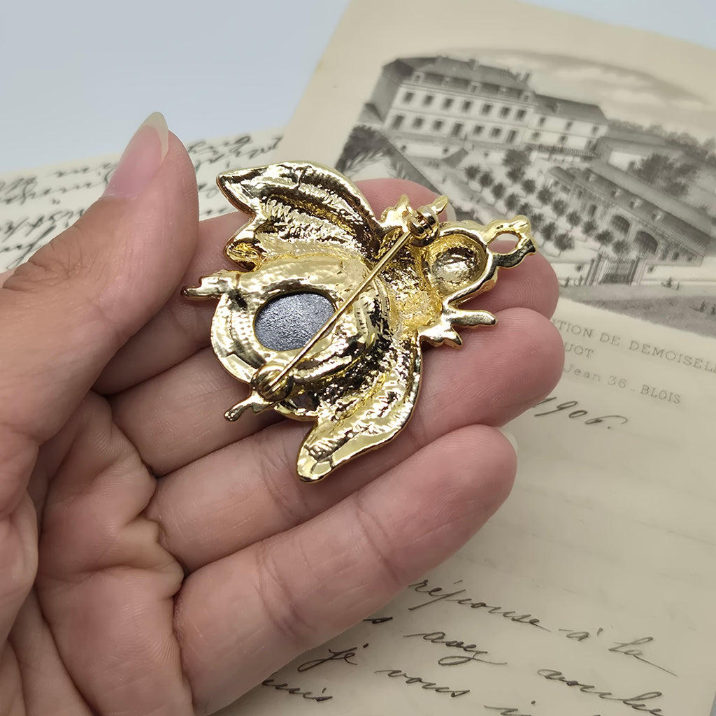 50er Jahre Vintage Brosche großer Käfer Biene Grau Gold Strass 5cm