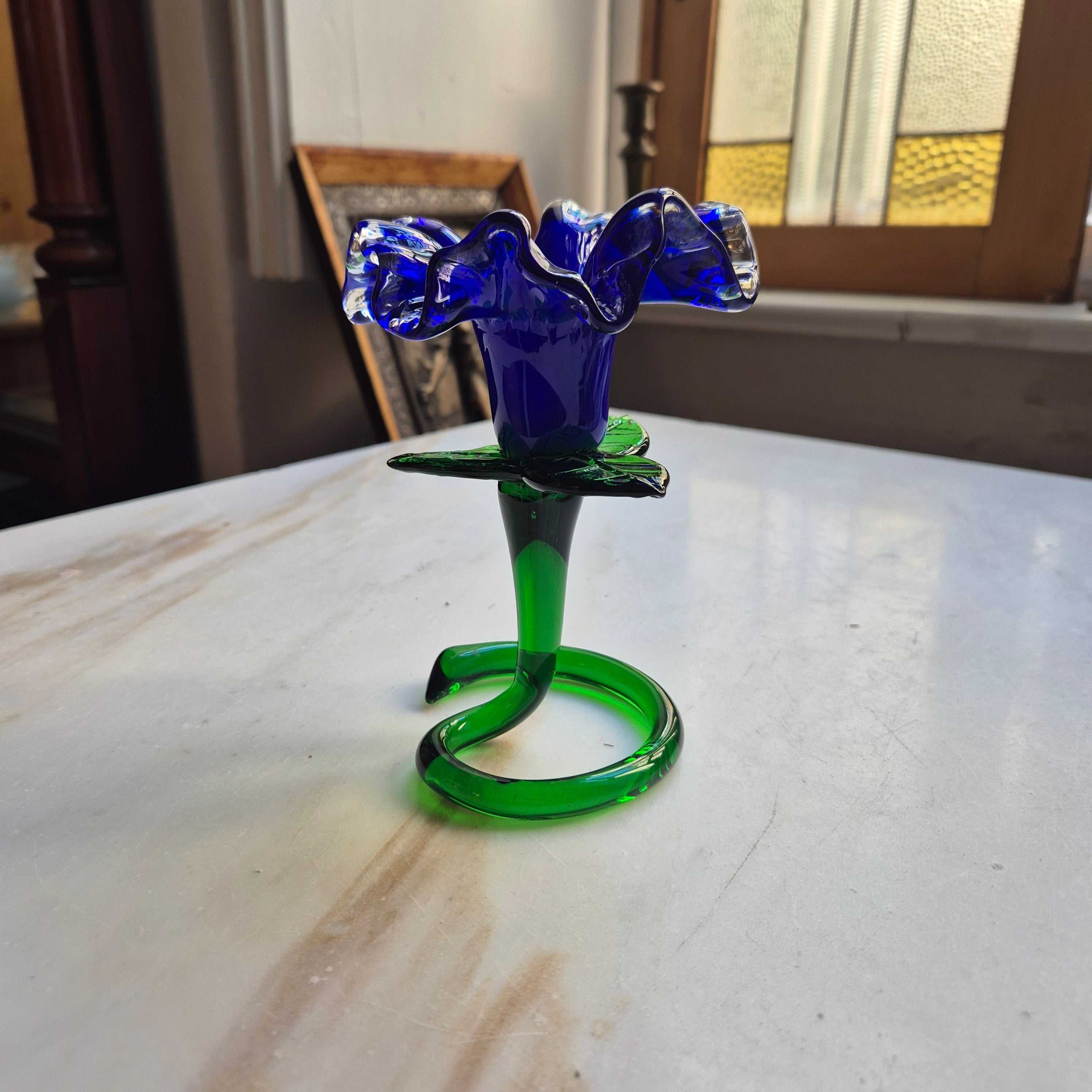 Vintage Murano Glaskunst Blume Kerzenhalter Blau