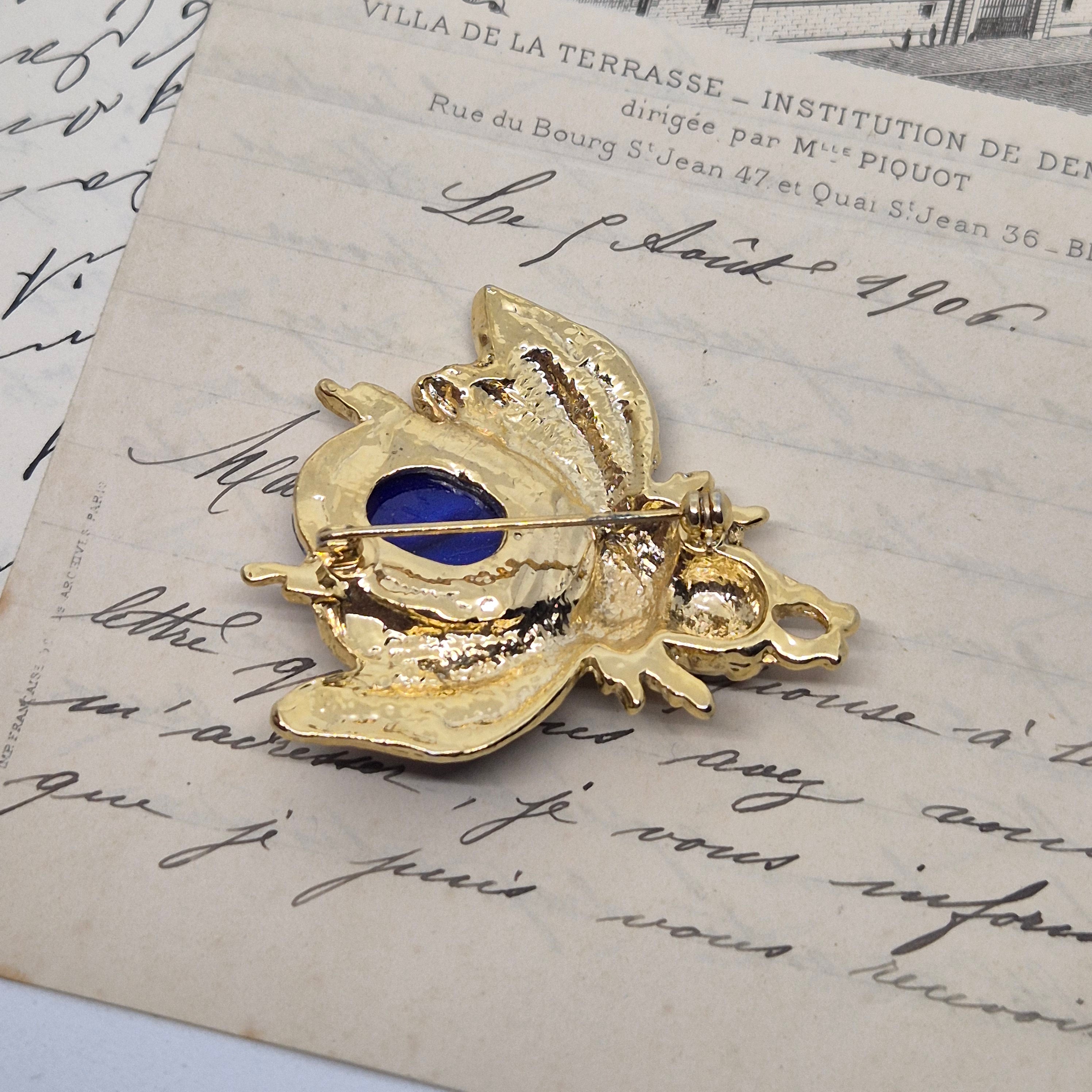 50er Jahre Vintage Brosche großer Käfer Biene Blau weiß Gold Strass 5cm