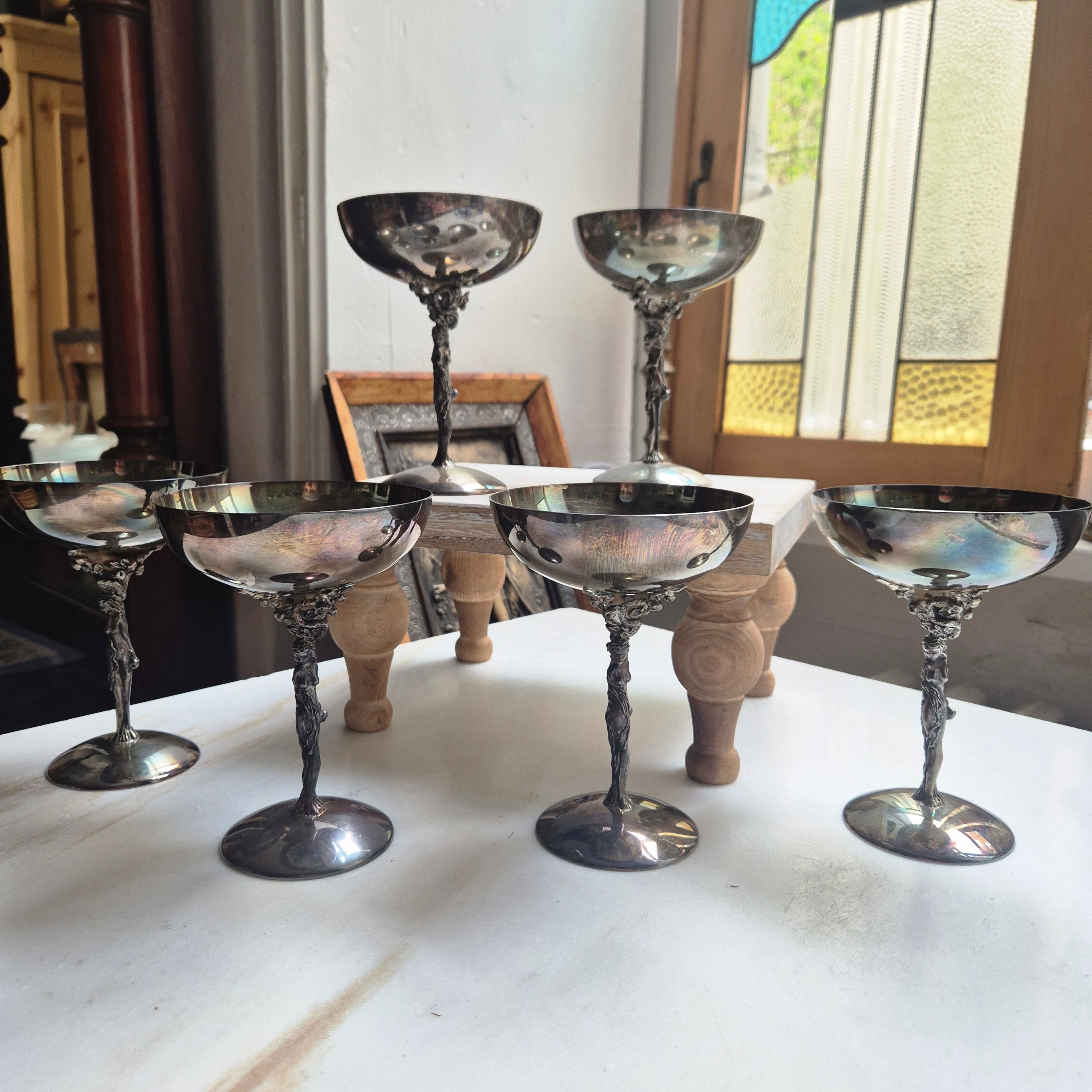 6x Dekorative Jugendstil Champagner Metallkelche versilbert - zum aufpolieren! "Eva mit Apfelbaum"