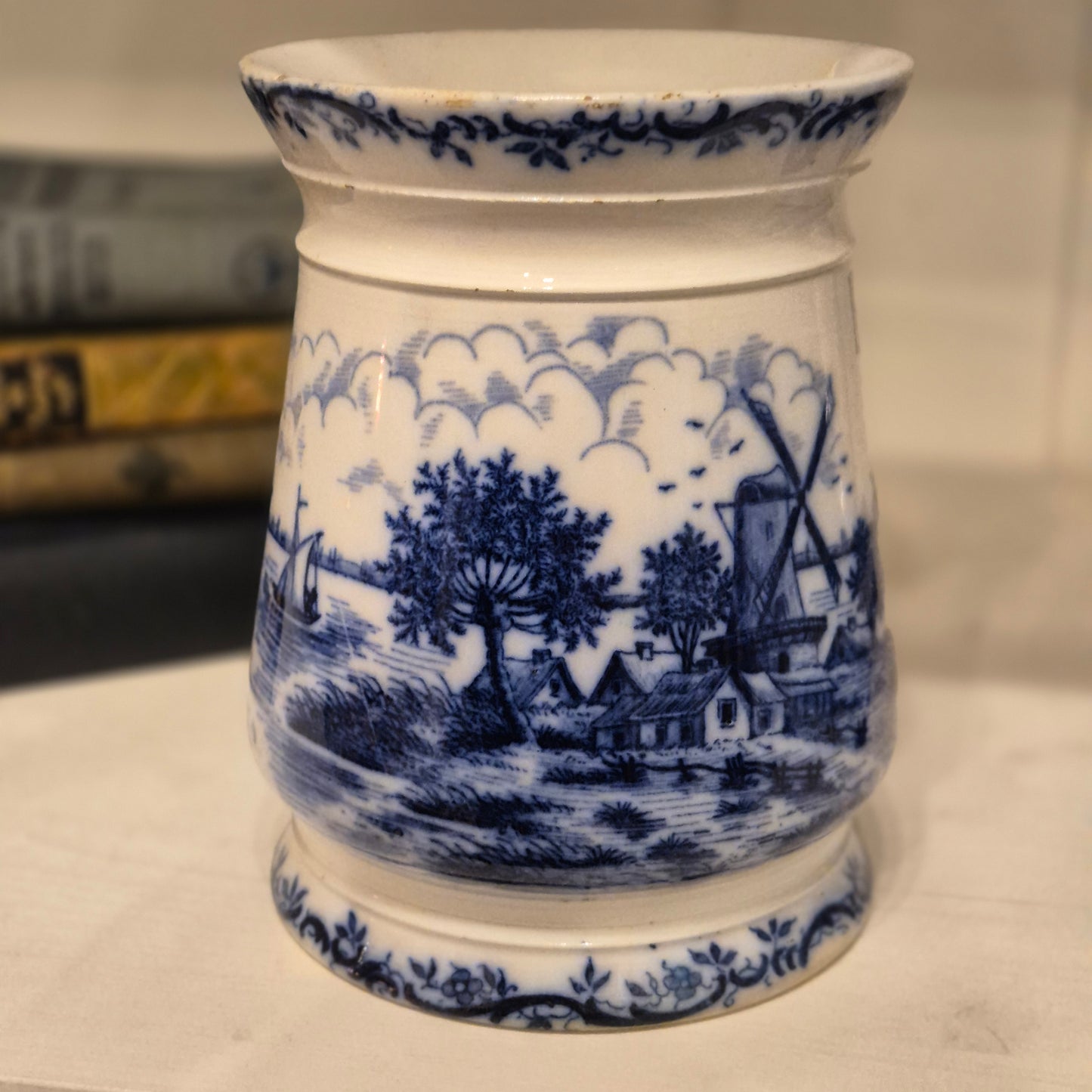 Antike H.H & Cie Delft Vorratsdose ohne Deckel blau weiß 120Jahre alt Kochlöffelhalter Aufschrift "Bohnen"