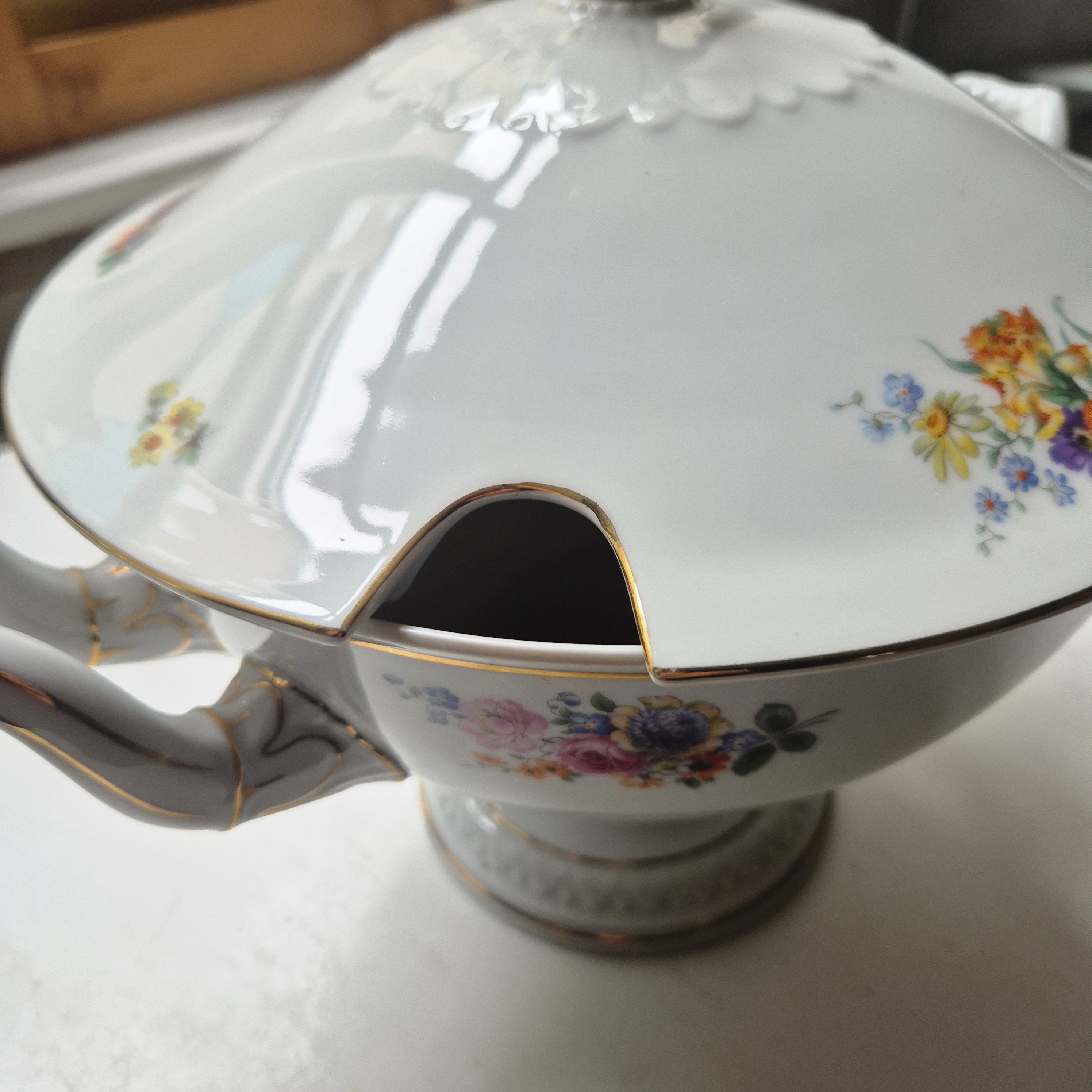 Antike große Rosenthal Empire Terrine Suppenterrine Schüssel mit Deckel Blumenmalerei Porzellan