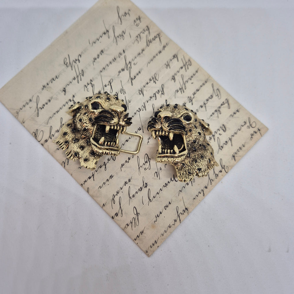 Vintage Gürtelschnalle 2-Teilig Trachtenschnalle Taillengürtel aus den 80ern-Handmade aus Berlin gold schwarz Gepard Leoparden Kopf