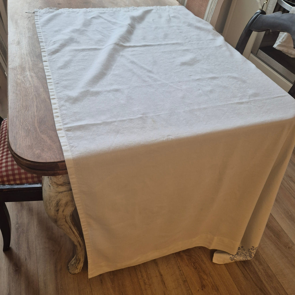 Vintage Baumwolle Gardine mit blauem Stempel Muster rechte Seite 115x169cm Handgemacht