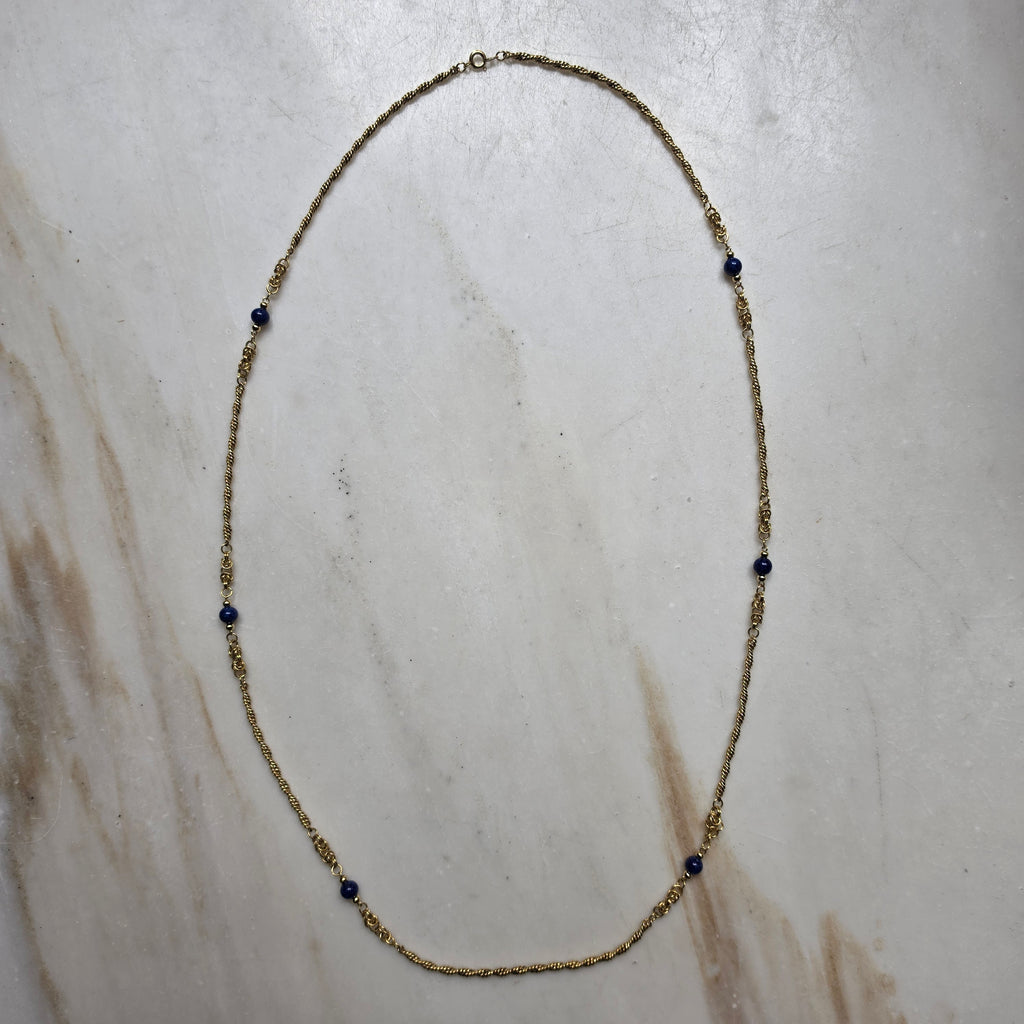 Vintage Amerik Double Goldhalskette mit blauen Edelstein-Perlen (Lapis Lazuli Optik)