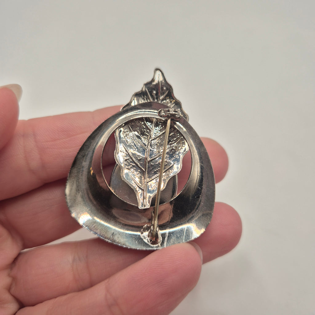 80er Jahre Vintage Brosche silberfarben schwarz Eichenblatt