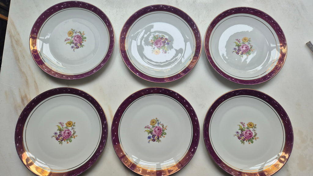6x Antike flache Speiseteller Blumendekor weiß mit lila Goldrand