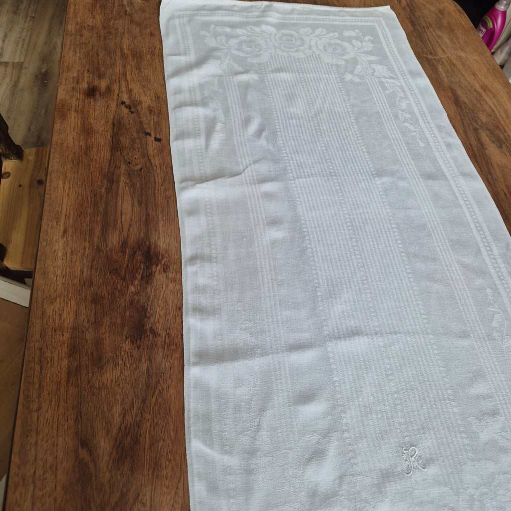 Antikes Jugendstil Küchen-&Geschirrtuch weiß Damast Baumwolle 51x110cm Monogram R.