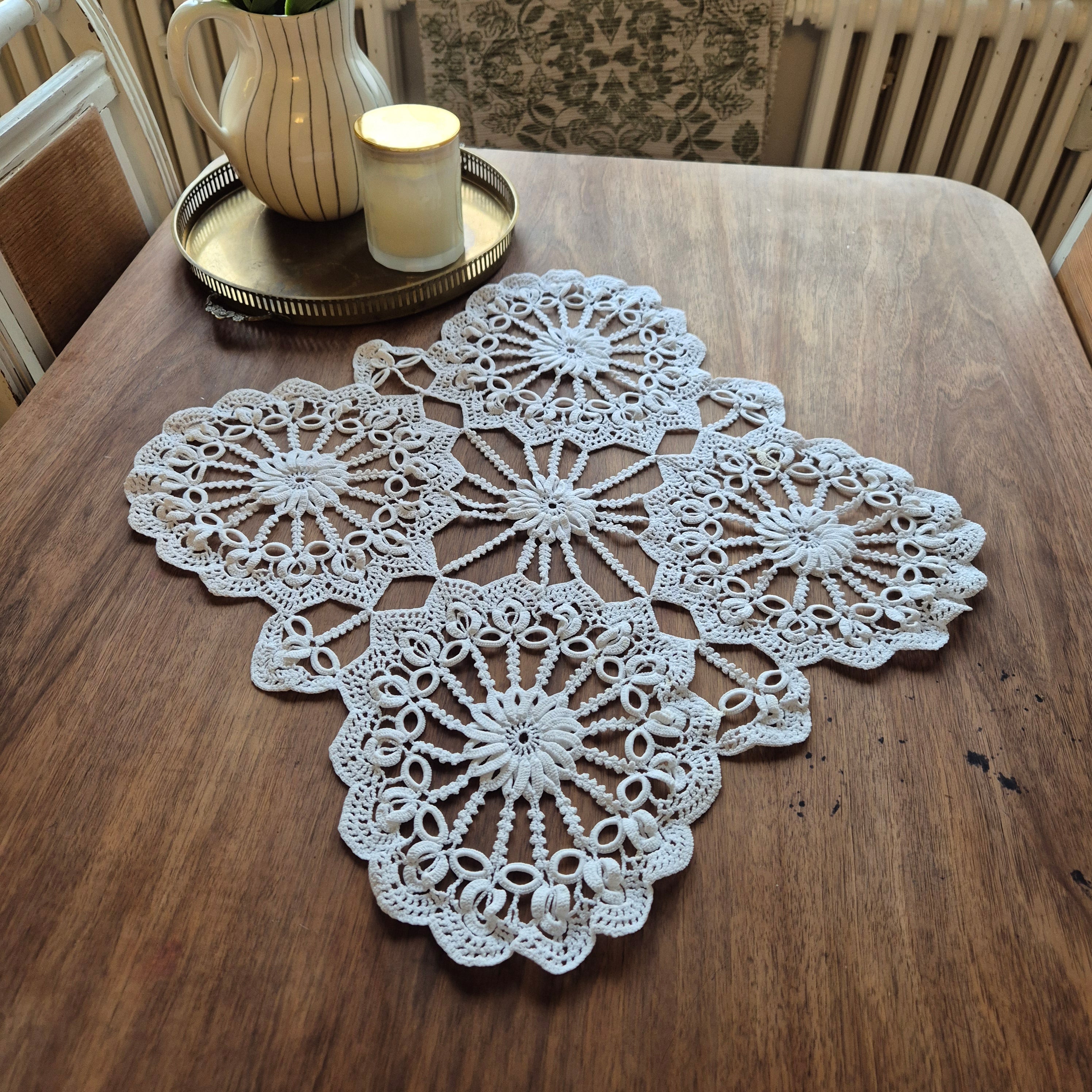 Antikes französisches Zierdeckchen weiß geklöppelt Baumwolle 50x50cm ♡