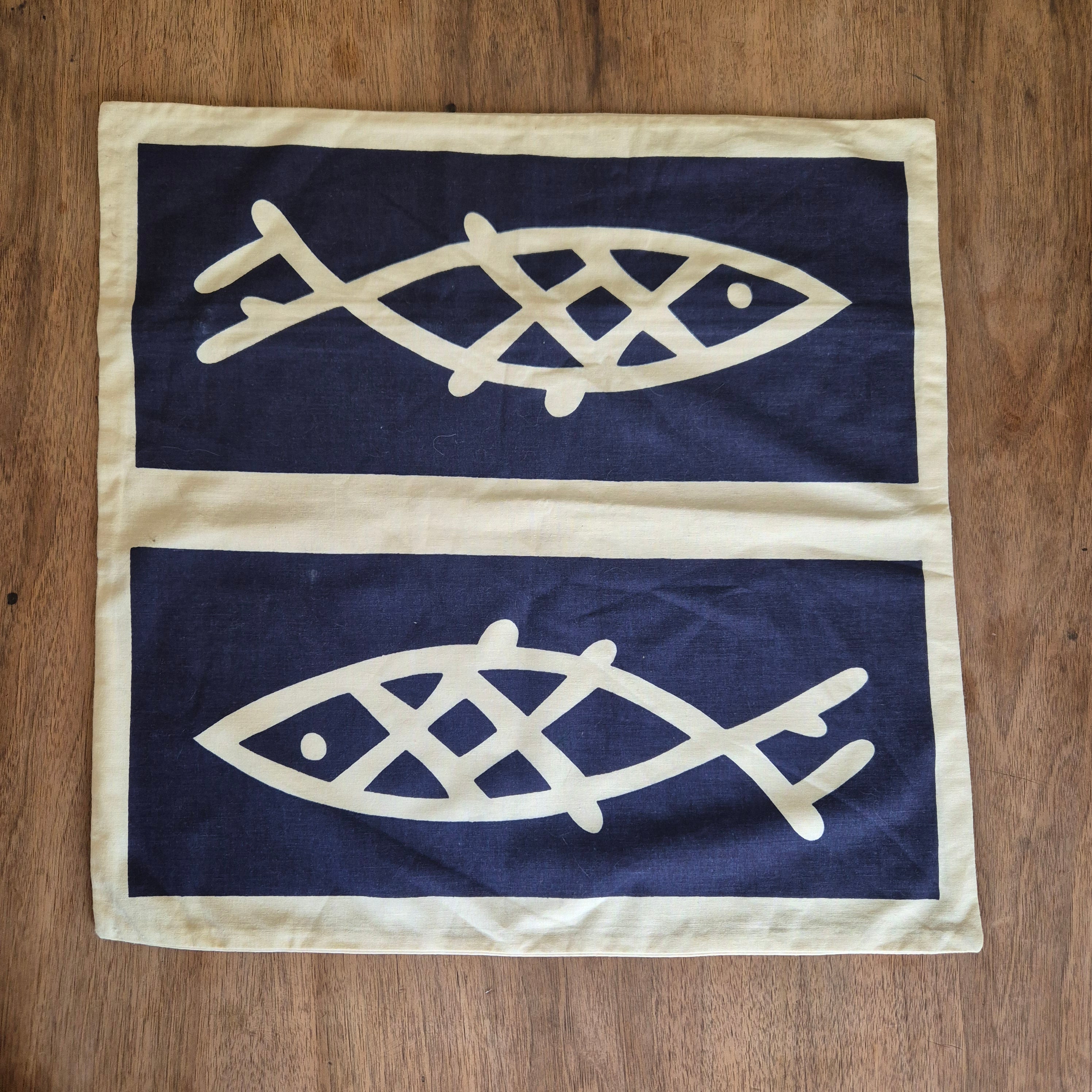 Vintage Kissenbezug Maritiem Fischmotiv Baumwolle 50x50cm
