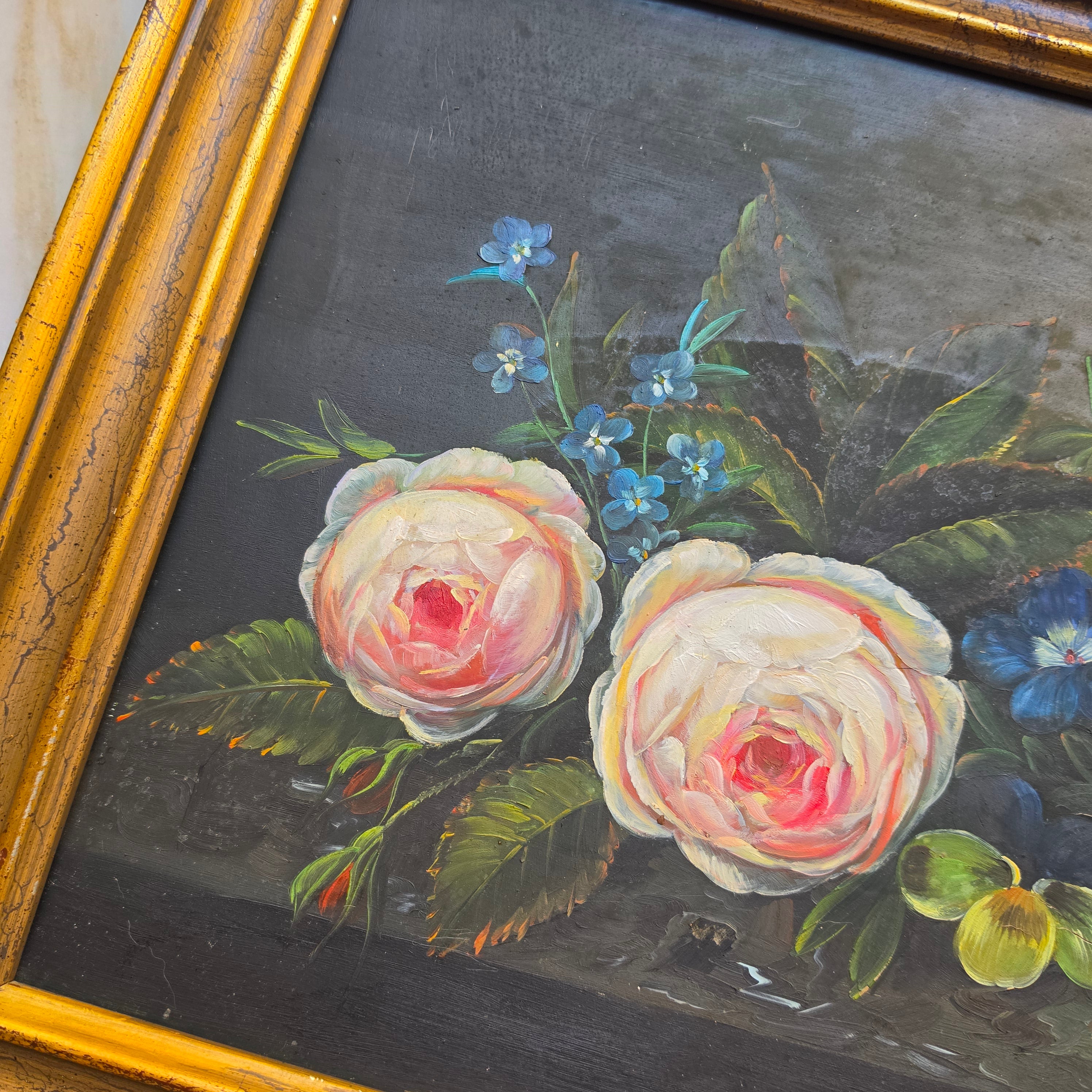 Vintage Ölgemälde Floral Stillleben mit vergoldetem Holzrahmen