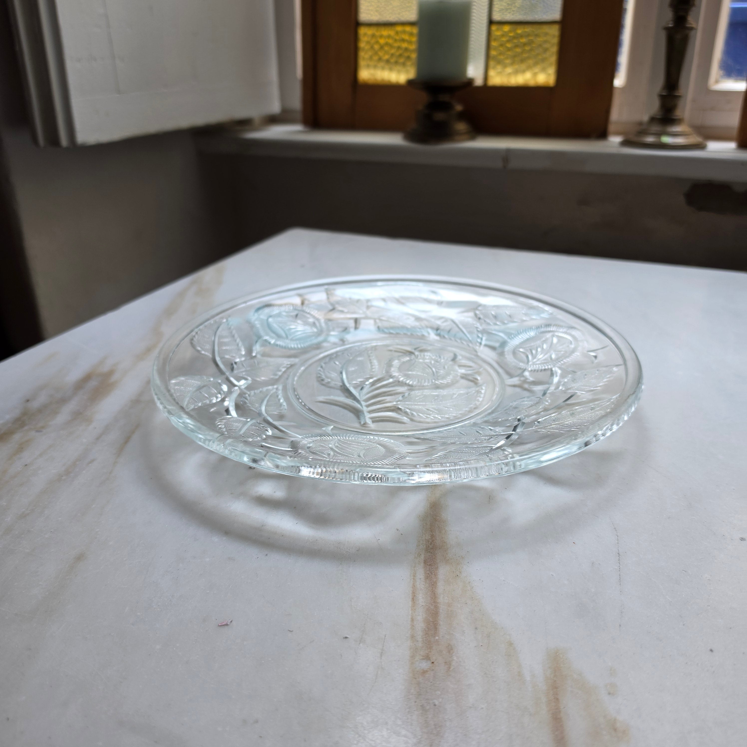 Alte Vintage Kristall Glas Schale Teller Obstschale Deko Blumen Rosen Obstteller