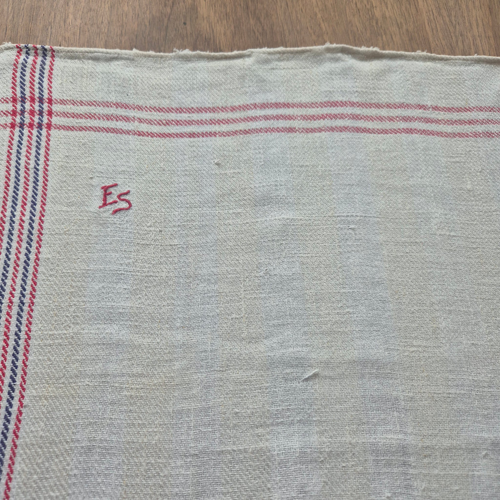 Antikes Leinen Geschirr-& Küchentuch Monogramm E.S. 90x45cm blau rot weiß
