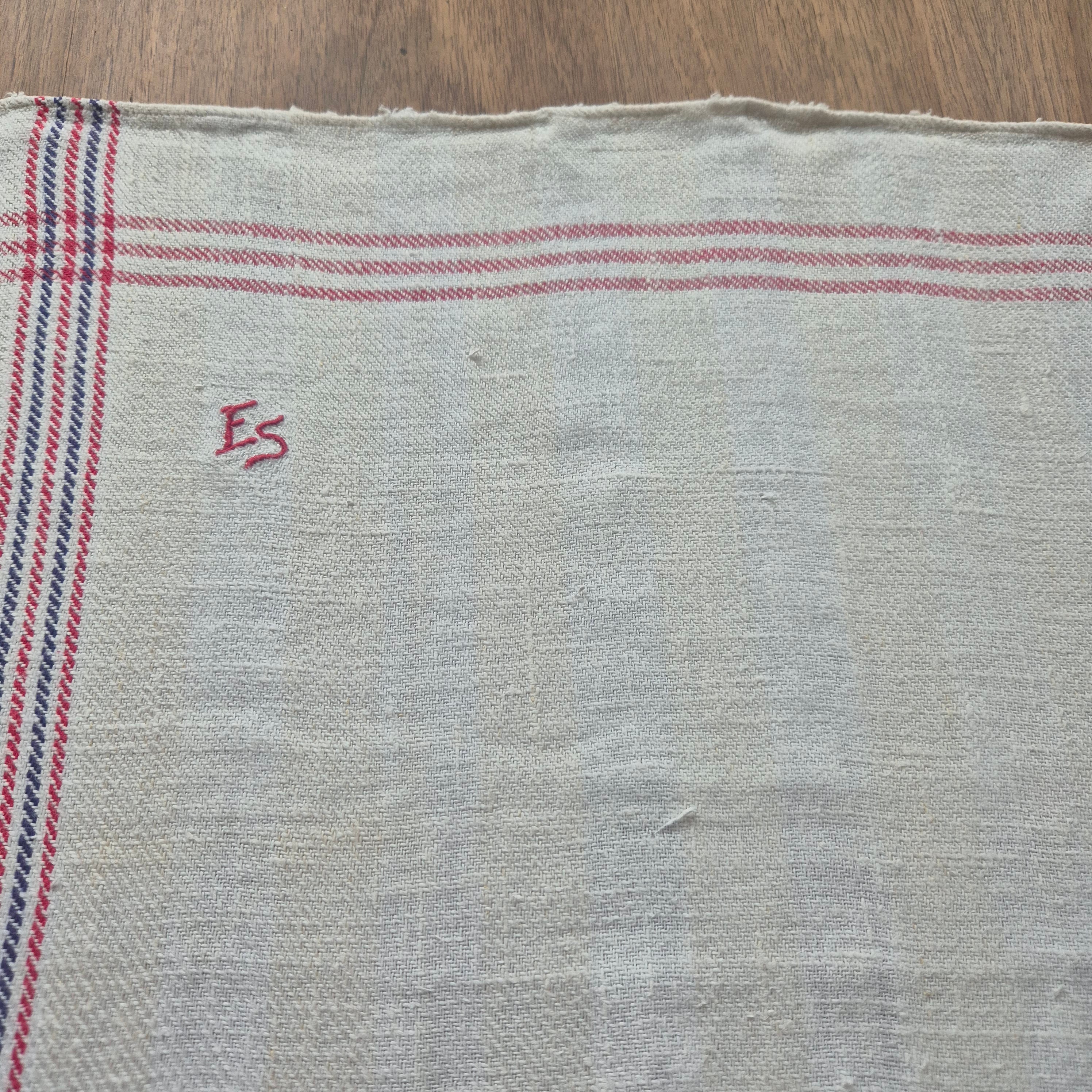 Antikes Leinen Geschirr-& Küchentuch Monogramm E.S. 90x45cm blau rot weiß