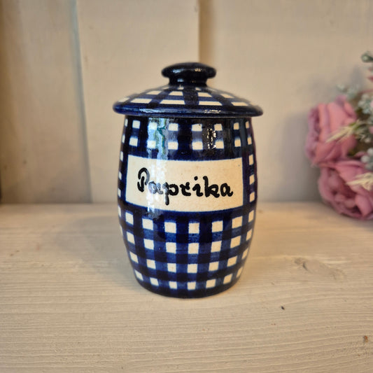 Alte kleine Keramik Gewürzdose mit Deckel mit Aufschrift " Paprika" blau weiß