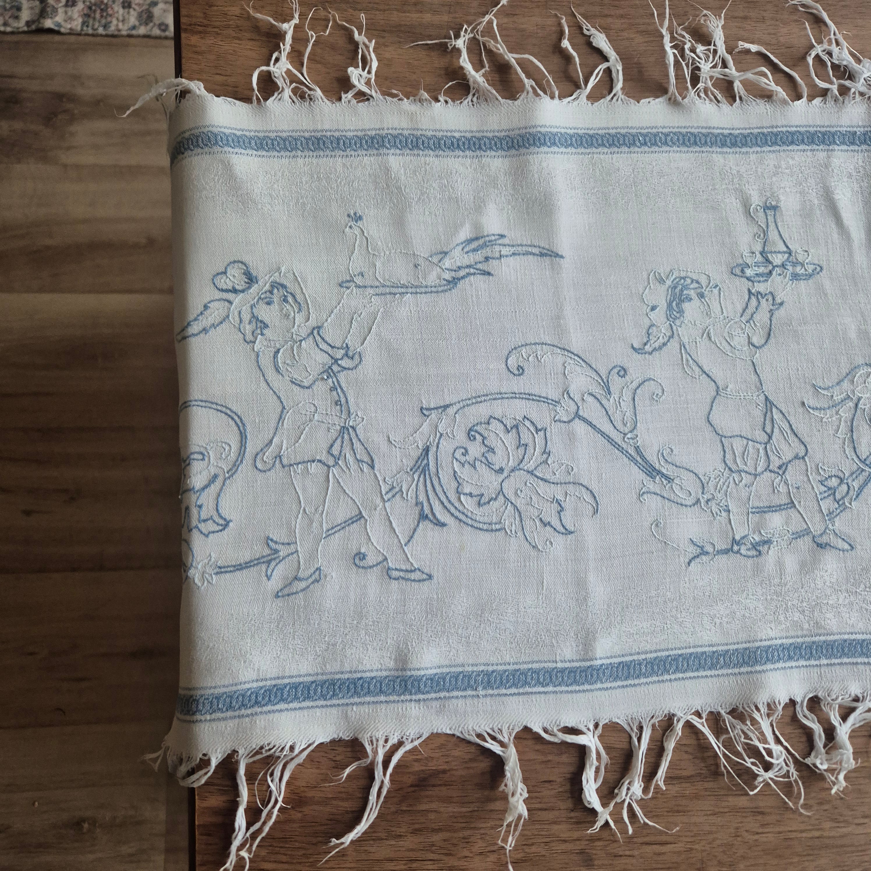 Antiker Baumwolle Tischläufer handbestickt mit mini Fleck! 32x170cm blau weiß