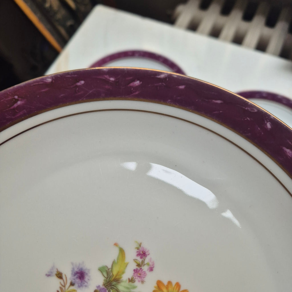 6x Antike flache Speiseteller Blumendekor weiß mit lila Goldrand