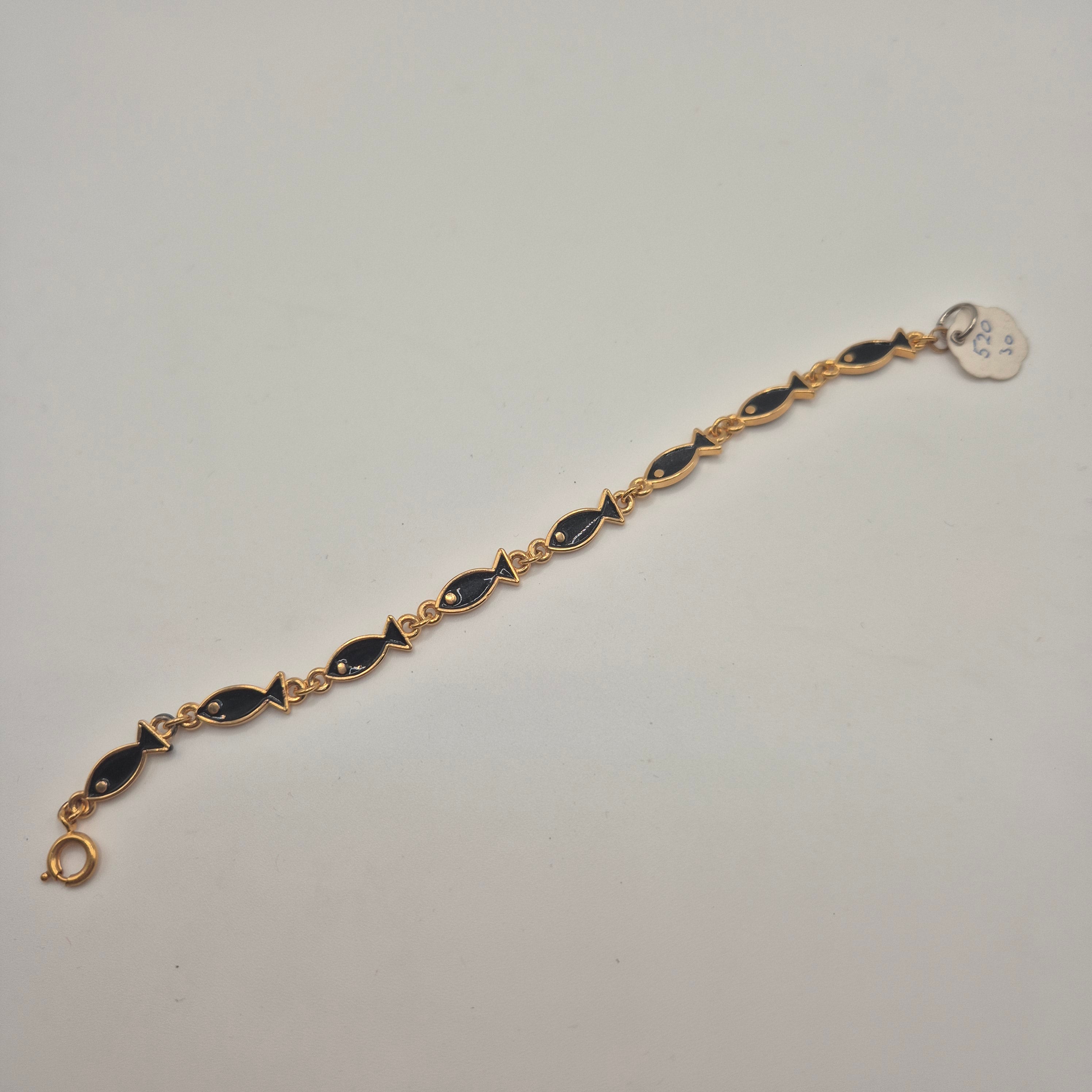 Goldenes Vintage Armband mit schwarzen Emaille-Fischen 70er Jahre