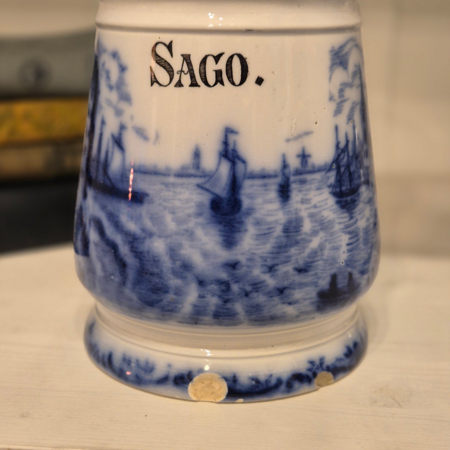 Antike H.H & Cie Delft Vorratsdose ohne Deckel blau weiß 120Jahre alt Kochlöffelhalter Aufschrift "Sago."