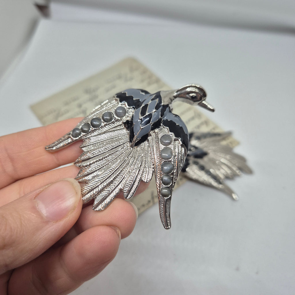 Vintage Gürtelschnalle 2-Teilig Trachtenschnalle Taillengürtel aus den 80ern-Handmade aus Berlin silber grau schwarz Schwan Kranich Vogel