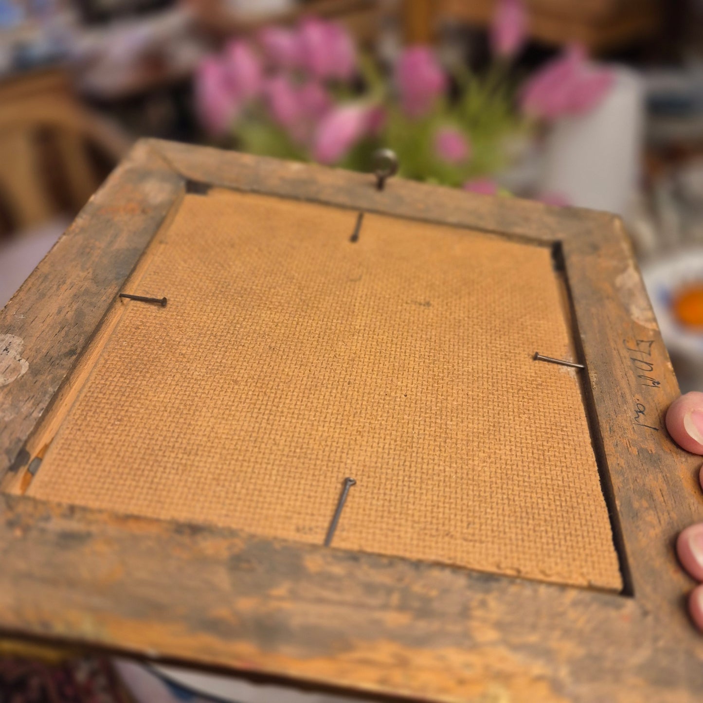 Altes gerahmtes Blumenbild blauer Enzian im Barock Stil Ölmalerei