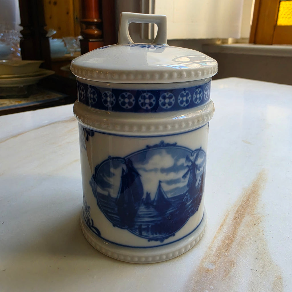 Alte Porzellan Deckeldose Echt Kobalt Fine China Lichte Schiffsmotiv Mühle Hafen