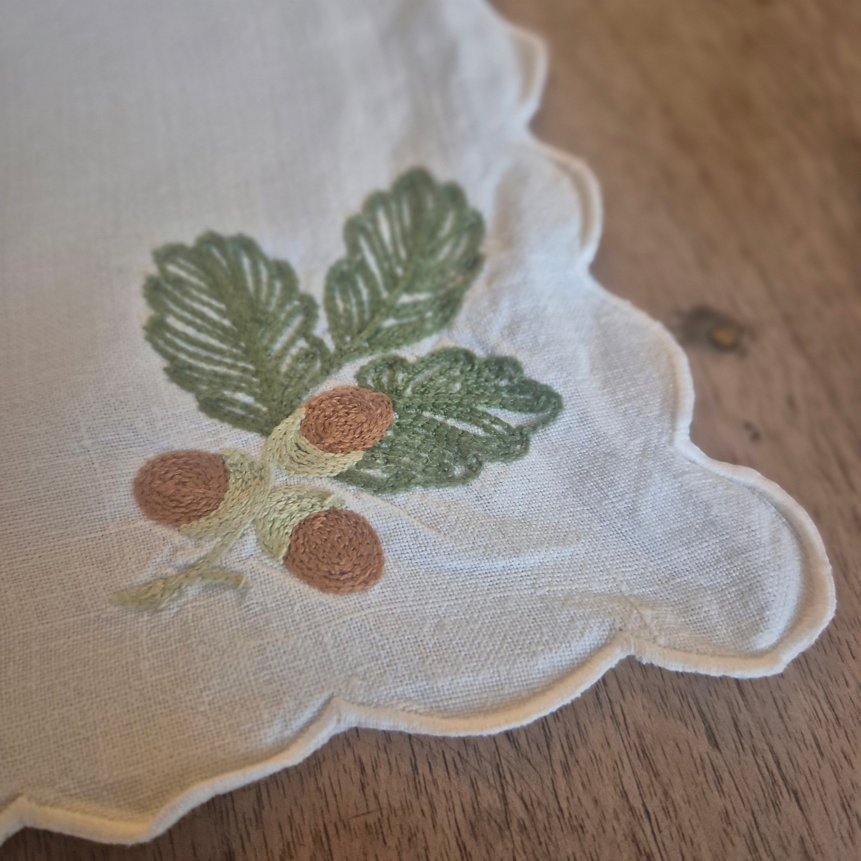 Vintage Leinen Baumwolle Stoff Serviette Einstecktuch Eicheln 42x42cm