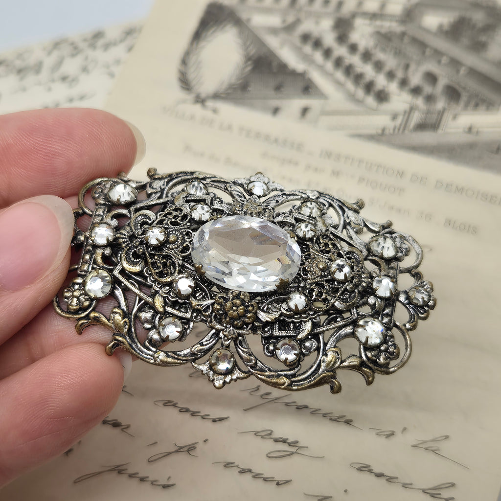 Große Antike Brosche Jugendstil 30er Jahre Strass Silber