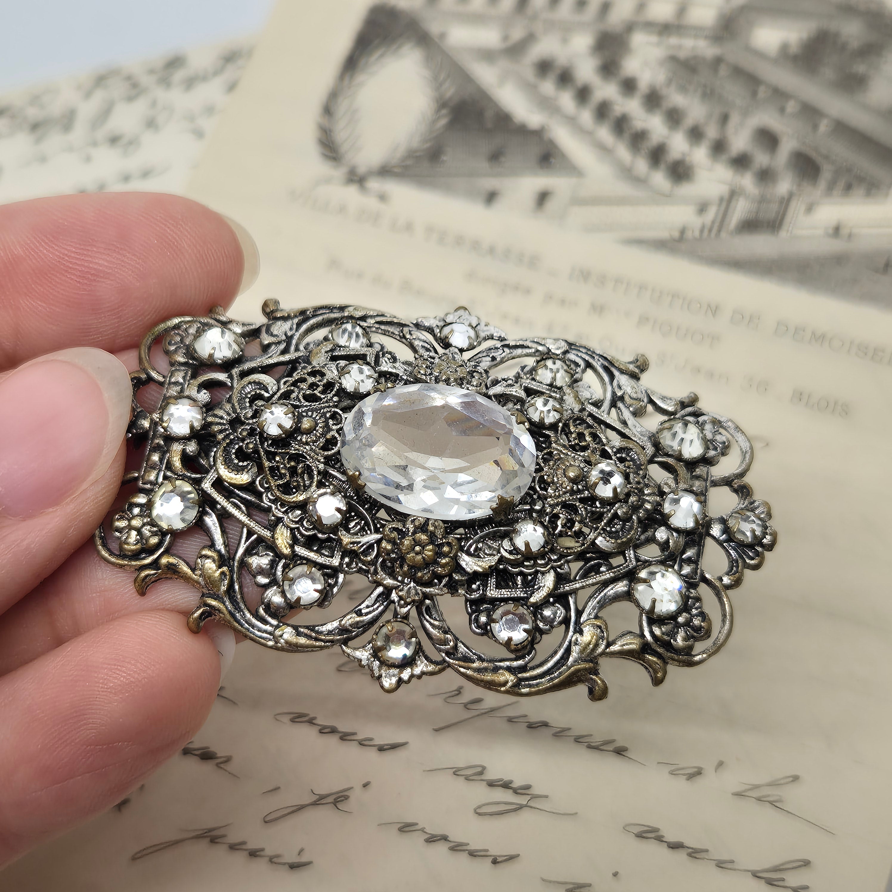 Große Antike Brosche Jugendstil 30er Jahre Strass Silber
