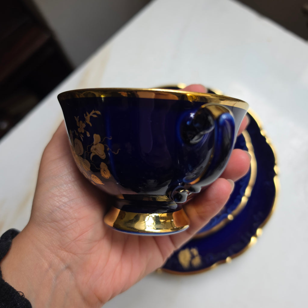Vintage Mitterteich Bavaria Porzellan Sammelgedeck – Kobaltblau mit Golddekor (3-teilig)