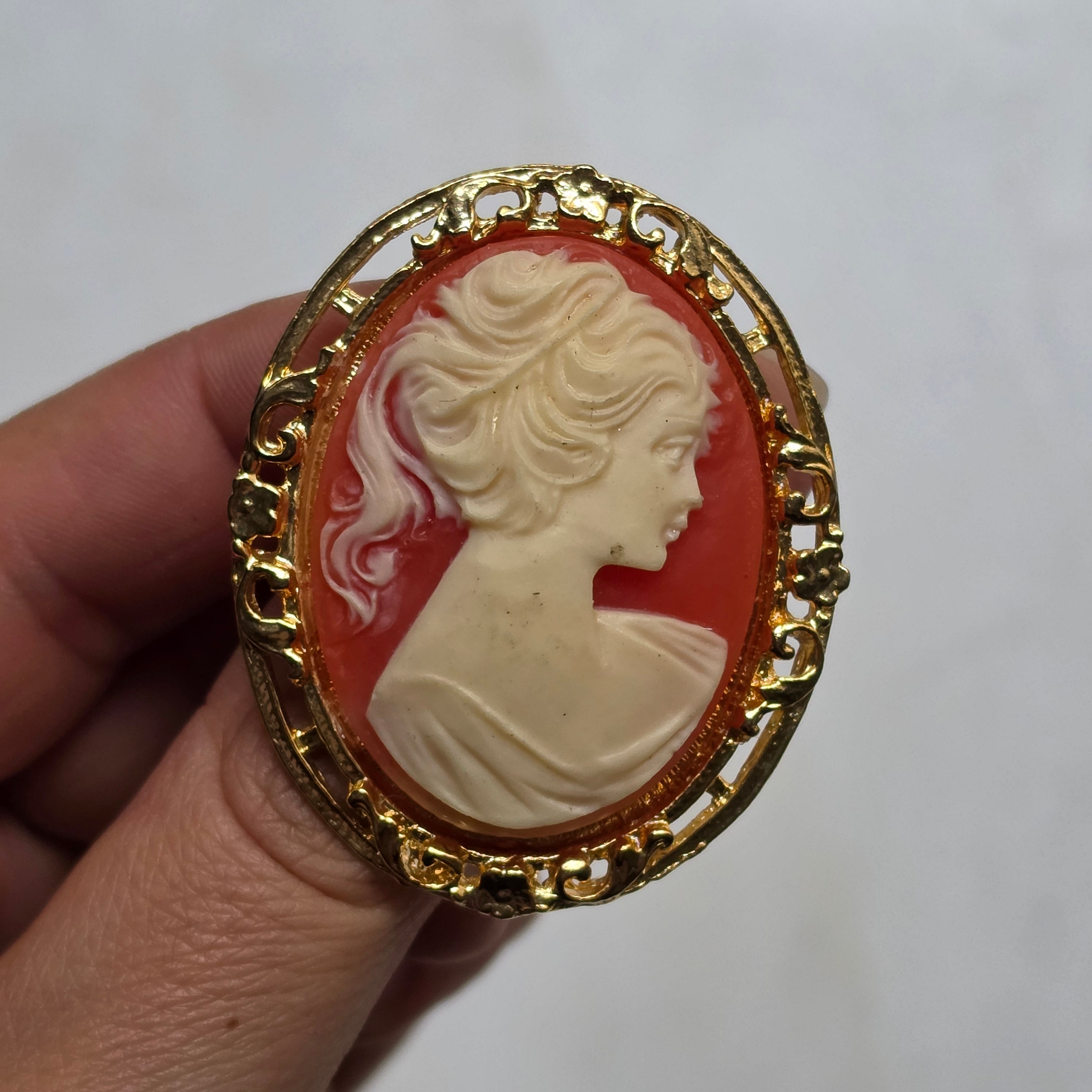 Elegante Vintage-Kamee-Brosche im Goldrahmen – Klassische Frauen-Silhouette auf rötlichem Hintergrund