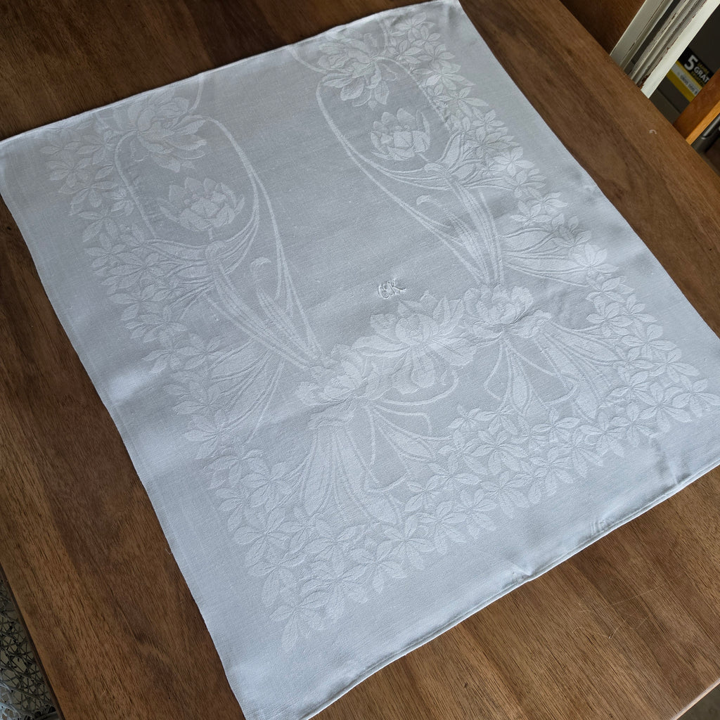 Antike Vintage Leinen-Serviette - Tischdecke mit Damast-Muster & Monogramm-Stickerei "CK" – Jugendstil / Art Nouveau - 63x57cm