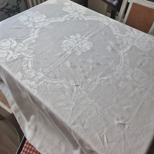 Antike Jugendstil Damast Baumwolle Tischdecke Weiß 160x160cm Rosenmuster