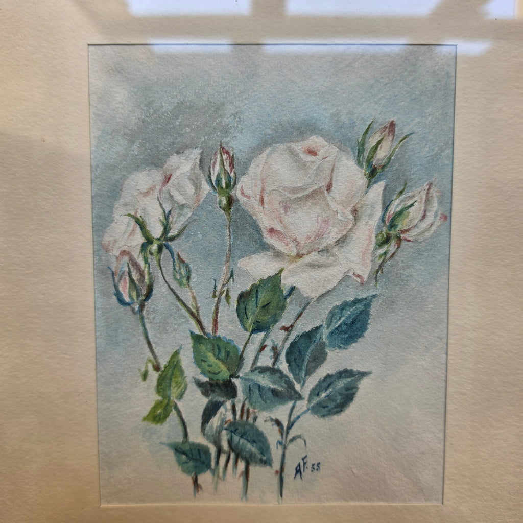 Vintage Rosen-Aquarell „A. Fischer“ (1948) im Goldrahmen